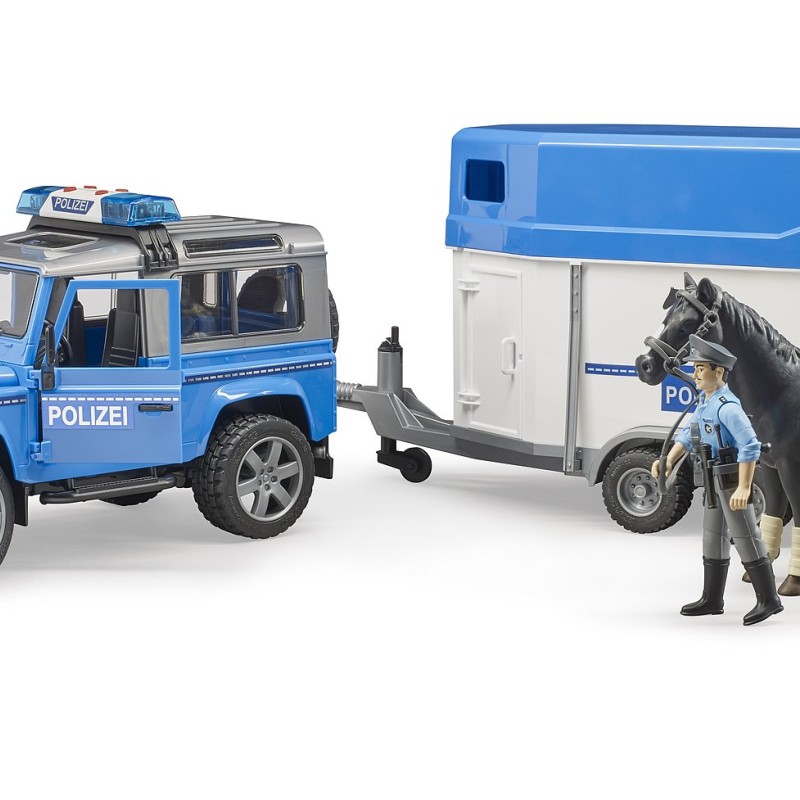 Bruder 02588 - Land Rover Defender Police with Horse Trailer Horse and Police Men - 1:16 Scale
