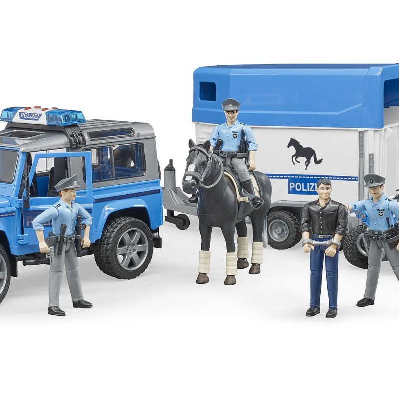 Bruder 02588 - Land Rover Defender Police with Horse Trailer Horse and Police Men - 1:16 Scale