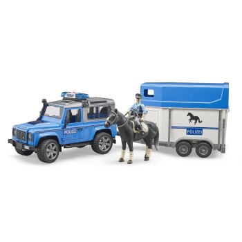 Bruder 02588 - Land Rover Defender Police with Horse Trailer Horse and Police Men - 1:16 Scale