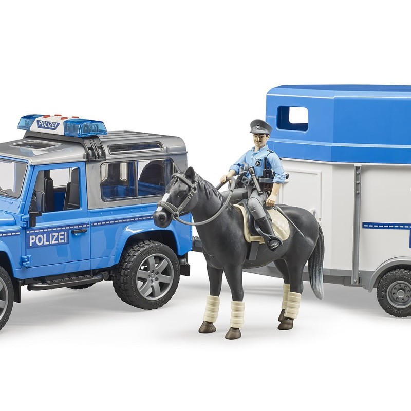 Bruder 02588 - Land Rover Defender Police with Horse Trailer Horse and Police Men - 1:16 Scale