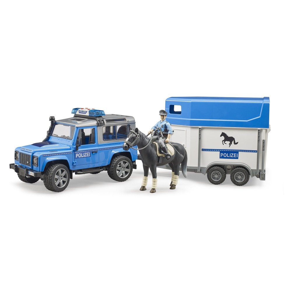 Bruder 02588 - Land Rover Defender Police with Horse Trailer Horse and Police Men - 1:16 Scale