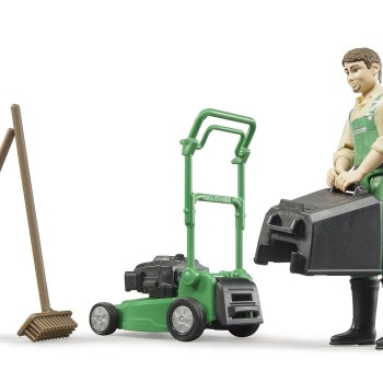 Bruder 62103 - Bworld Figurine Gardener with Lawn Mover and Garden Tools - Scale 1:16