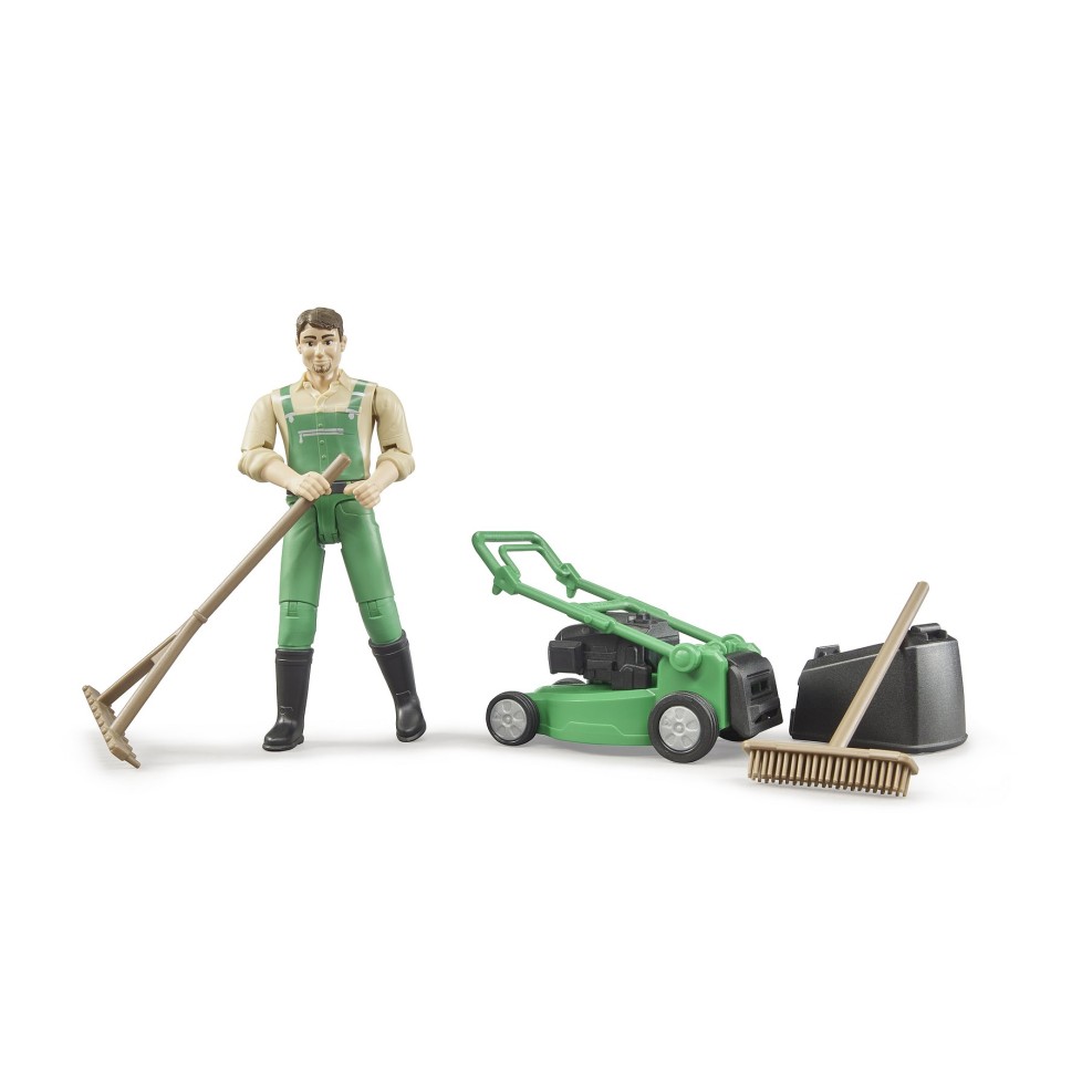 Bruder 62103 - Bworld Figurine Gardener with Lawn Mover and Garden Tools - Scale 1:16