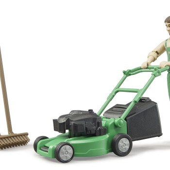 Bruder 62103 - Bworld Figurine Gardener with Lawn Mover and Garden Tools - Scale 1:16