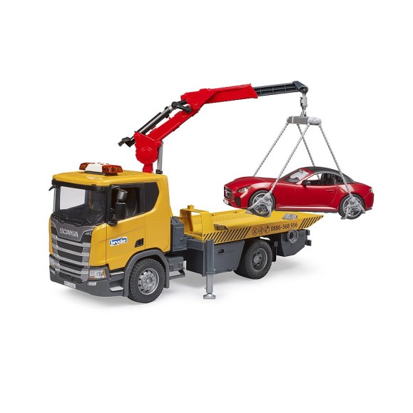 Bruder 03552 - Scania Super 560R Flat Top Tow Truck with Roadster and L & S - Scale 1:16