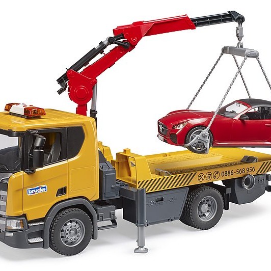 Bruder 03552 - Scania Super 560R Flat Top Tow Truck with Roadster and L & S - Scale 1:16