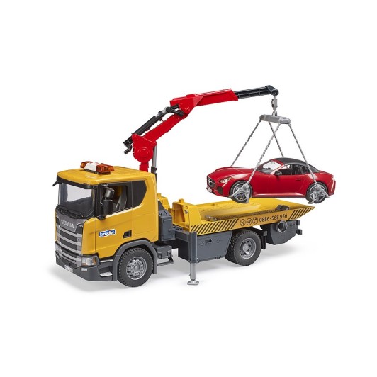 Bruder 03552 - Scania Super 560R Flat Top Tow Truck with Roadster and L & S - Scale 1:16