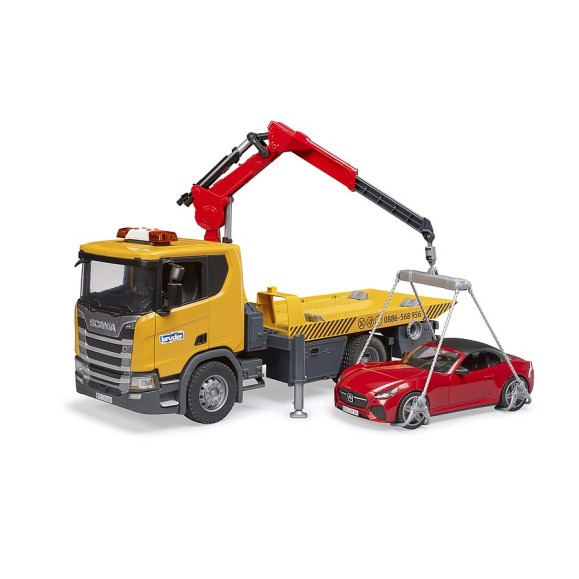 Bruder 03552 - Scania Super 560R Flat Top Tow Truck with Roadster and L & S - Scale 1:16