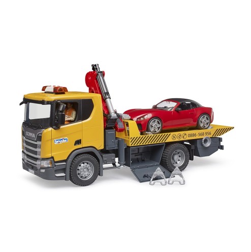 Bruder 03552 - Scania Super 560R Flat Top Tow Truck with Roadster and L & S - Scale 1:16