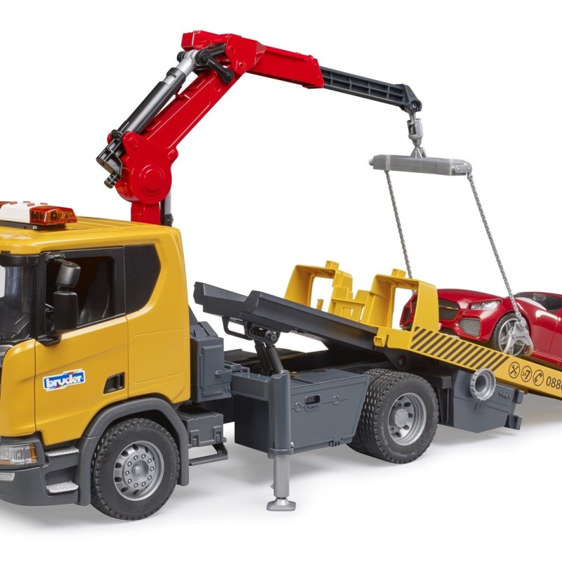 Bruder 03552 - Scania Super 560R Flat Top Tow Truck with Roadster and L & S - Scale 1:16