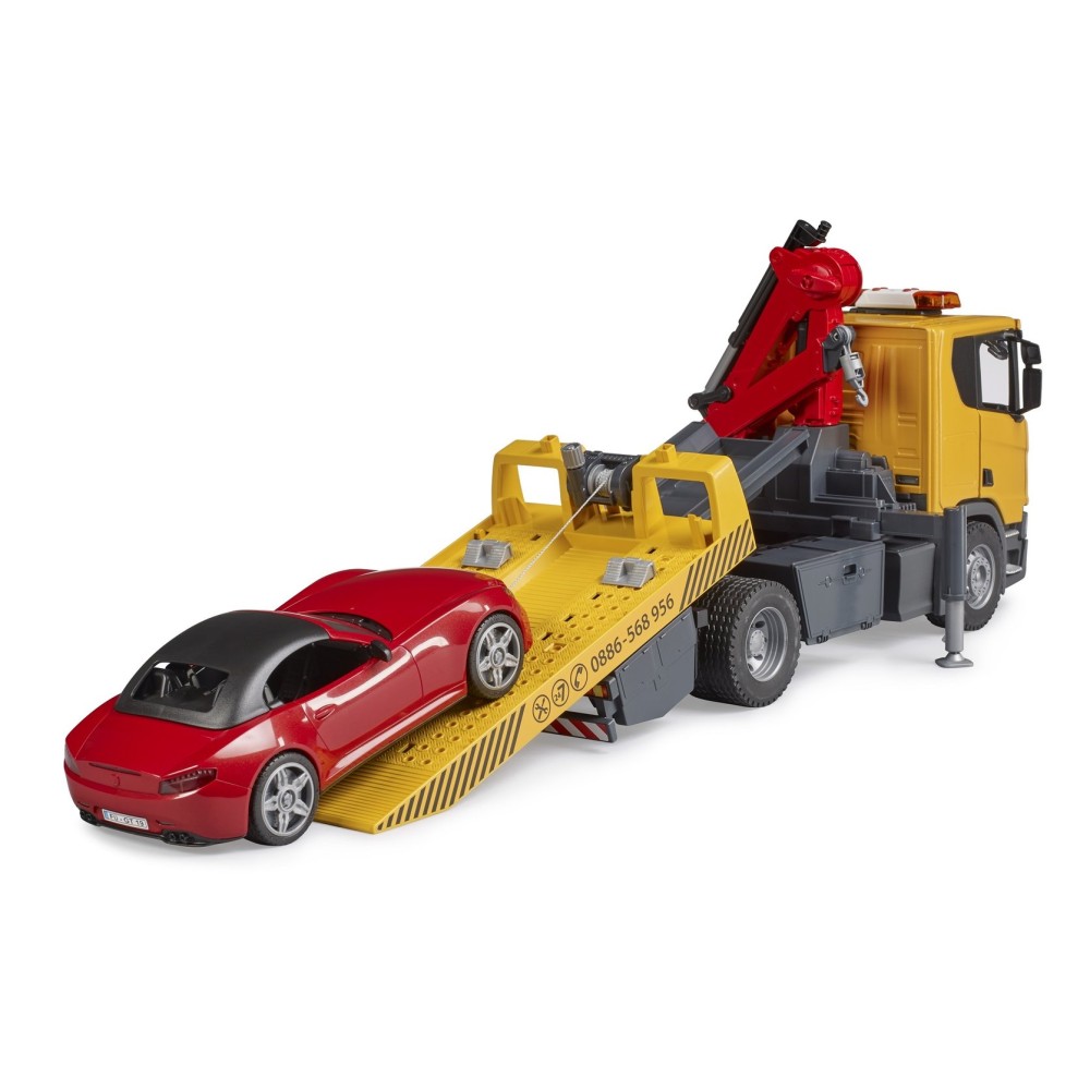 Bruder 03552 - Scania Super 560R Flat Top Tow Truck with Roadster and L & S - Scale 1:16