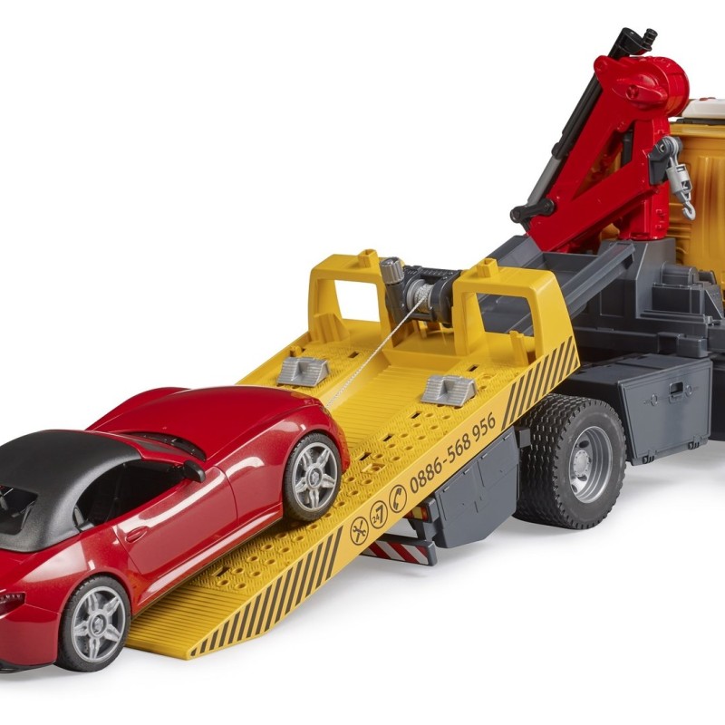 Bruder 03552 - Scania Super 560R Flat Top Tow Truck with Roadster and L & S - Scale 1:16