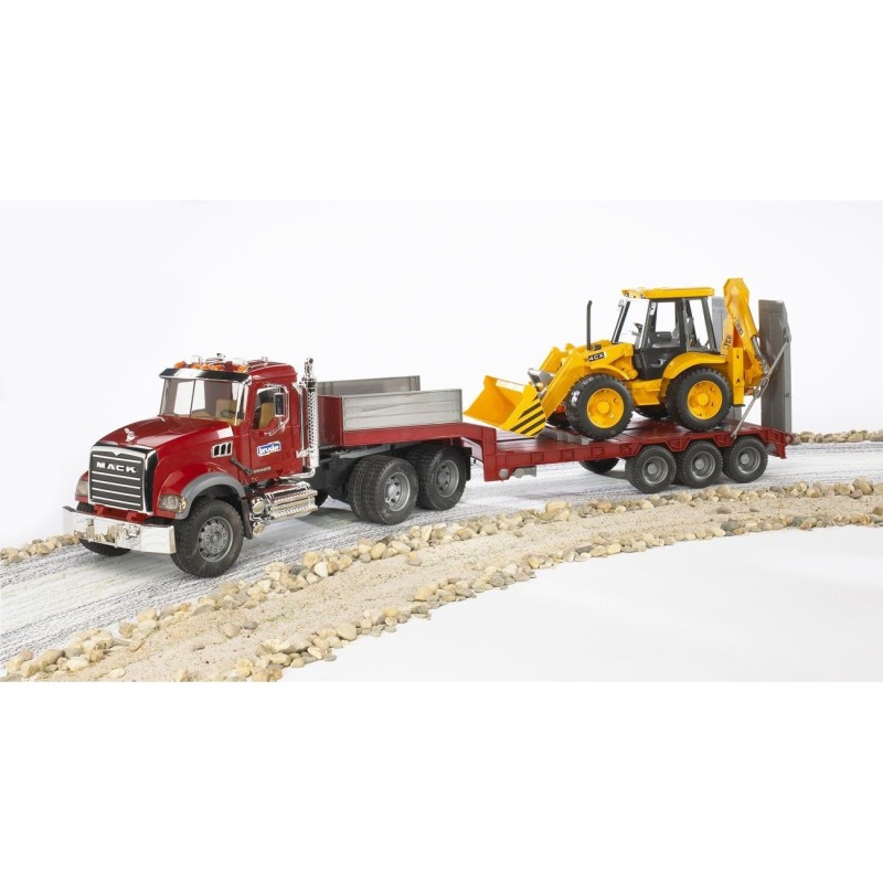 Bruder 02813 - MACK Granite Truck with Low Loader and JCB 4CX Backhoe Loader - Scale 1:16 
