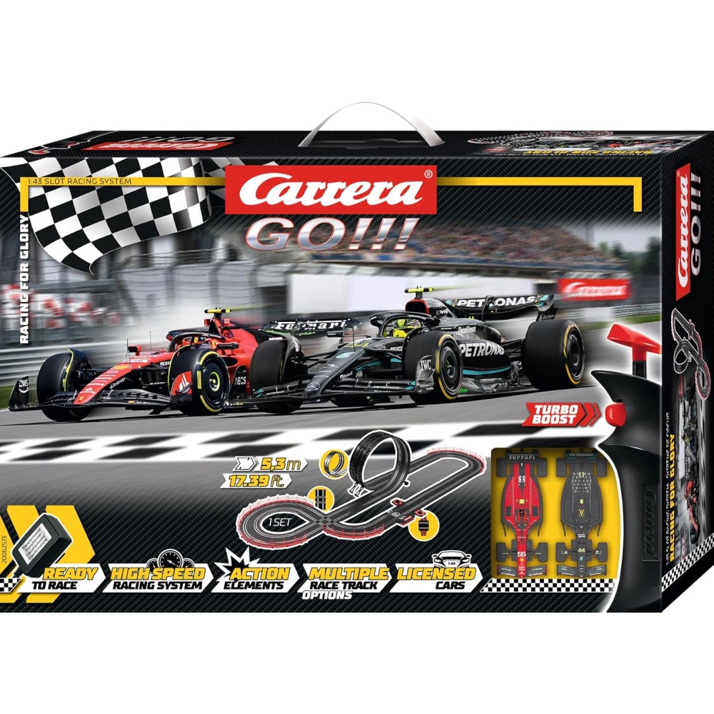 Carrera 62573 - Go 1:43 Racing for Glory F1 Slot Car Racing Set Mercedes Hamilton vs Ferrari Sainz