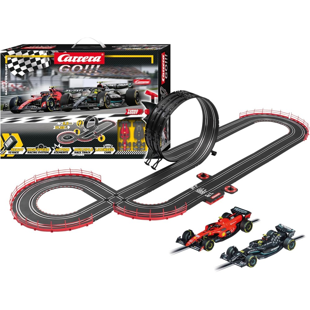 Carrera 62573 - Go 1:43 Racing for Glory F1 Slot Car Racing Set Mercedes Hamilton vs Ferrari Sainz