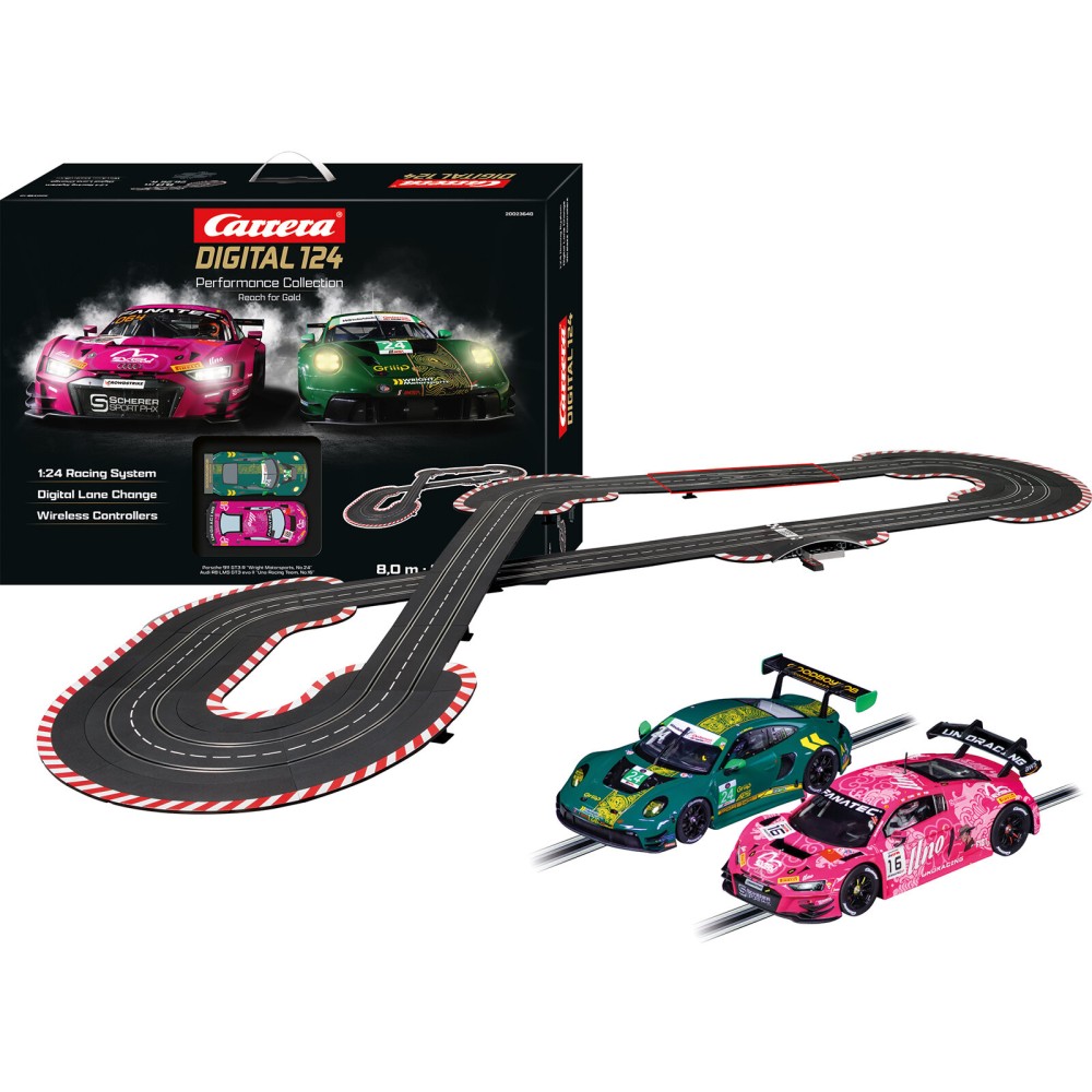 Carrera 23640 Digital 1:24 Reach for Gold Wireless Slot Car Race Set Audi R8 LMS vs Porsche 911 GT3 R