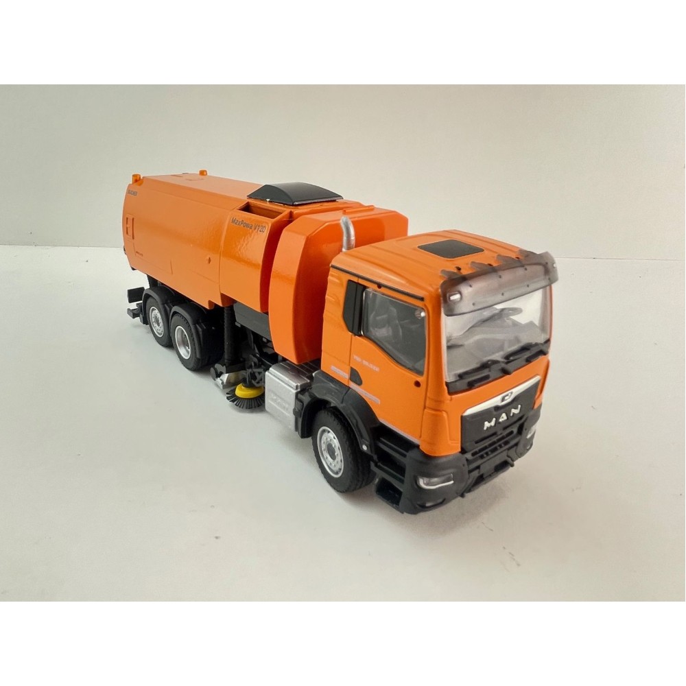 Conrad 81257/01 - MAN TGS NN 6x2 Road Sweeper Truck MaxPowa V120 Orange New 2026 - Scale 1:50