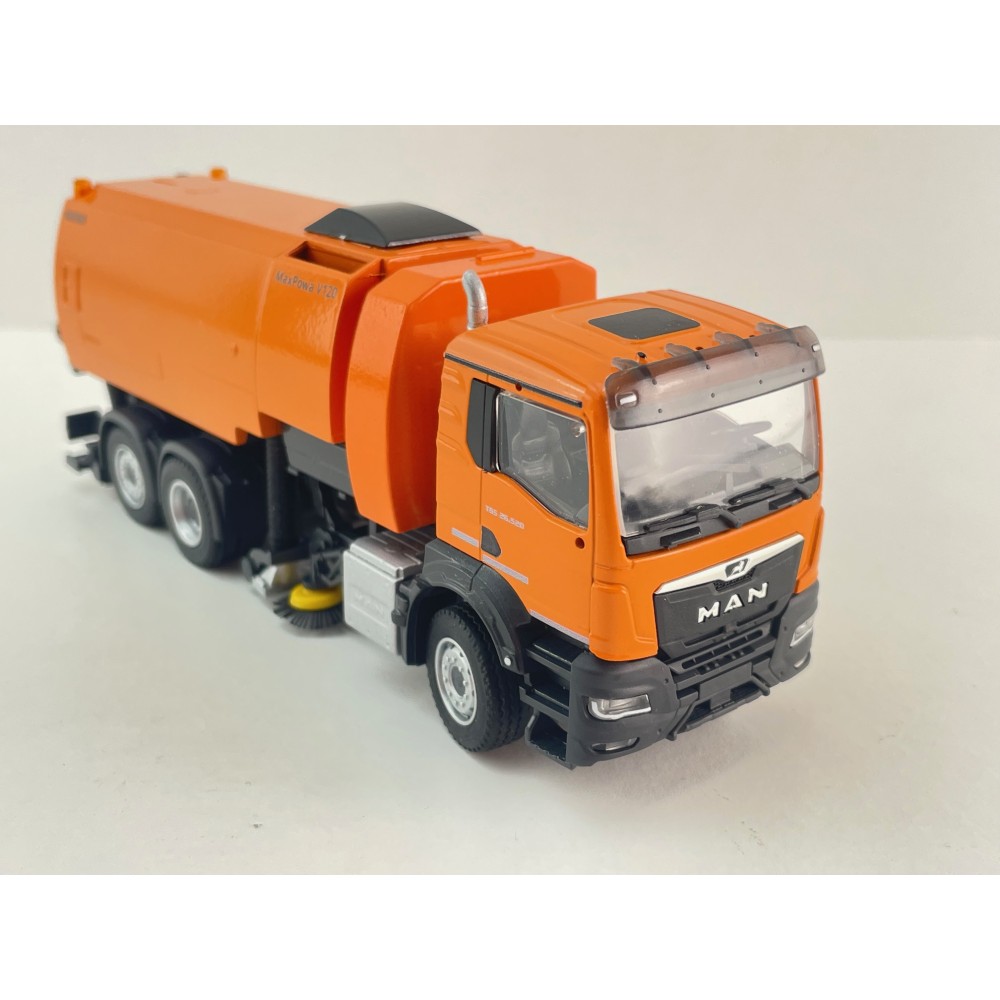 Conrad 81257/01 - MAN TGS NN 6x2 Road Sweeper Truck MaxPowa V120 Orange New 2026 - Scale 1:50
