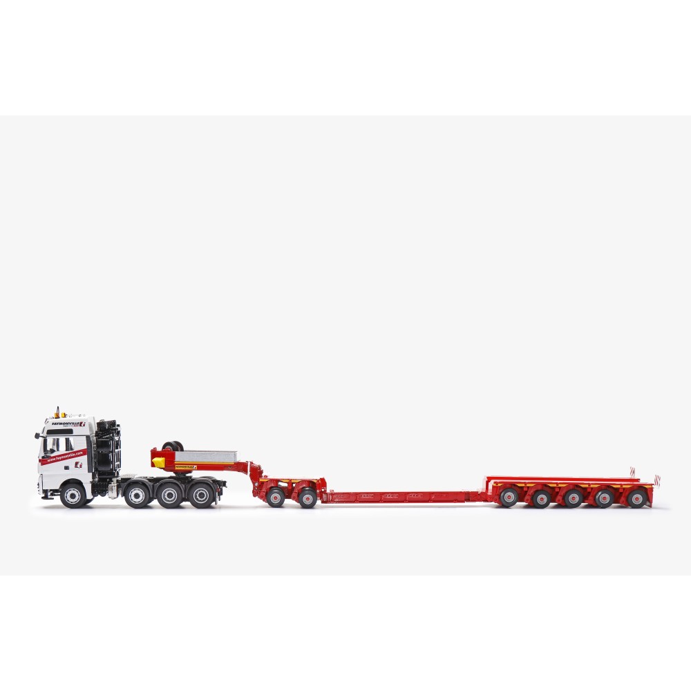 Conrad 76213/01 - MAN TGX SLT 8x4 with FAYMONVILLE Variomax Drop Center Low Loader Trailer with 2 & 3 axle Modul - Scale 1:50