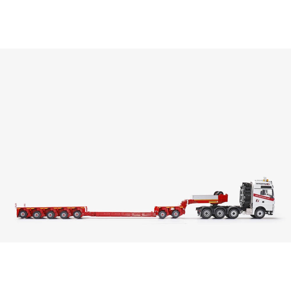 Conrad 76213/01 - MAN TGX SLT 8x4 with FAYMONVILLE Variomax Drop Center Low Loader Trailer with 2 & 3 axle Modul - Scale 1:50