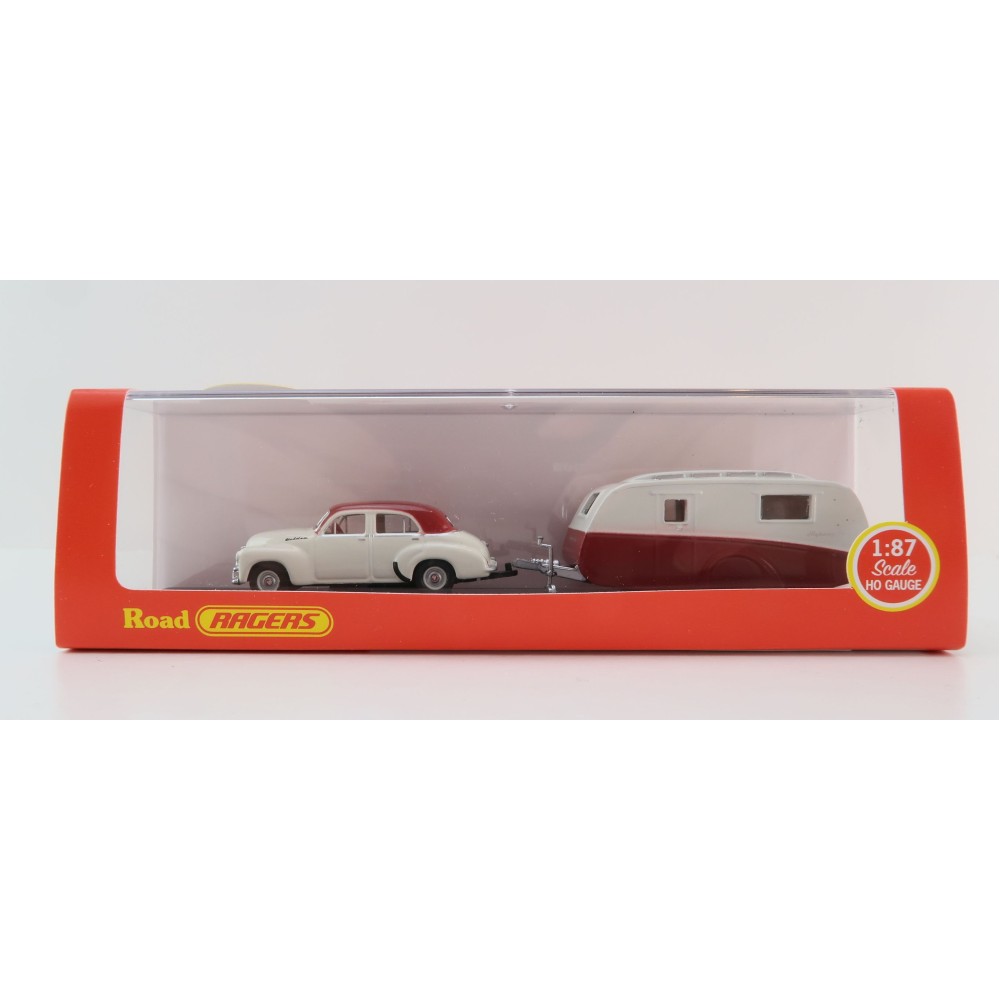 Road Ragers - Australian 1953 Holden FJ Sedan & Highway Cruiser Caravan Set - H0 Scale 1:87