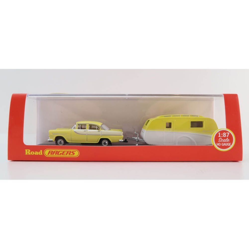 Road Ragers - Australian 1960 Holden FB Sedan & Highway Cruiser Caravan Set - H0 Scale 1:87 