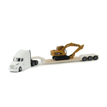 Diecast Masters 84423 - White Peterbuilt 579 Tractor With Lowboy Trailer and Cat 315C Excavator - Scale 1:87