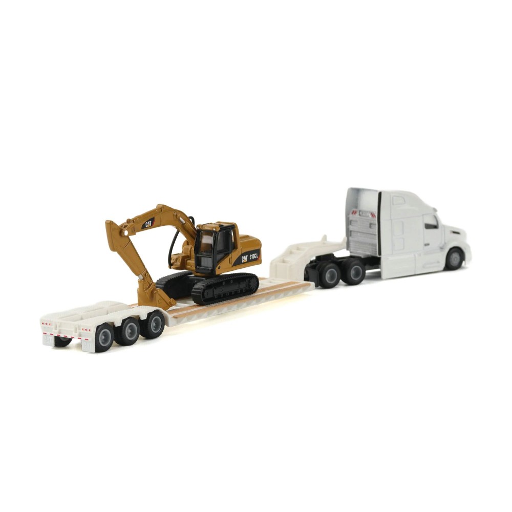 Diecast Masters 84423 - White Peterbuilt 579 Tractor With Lowboy Trailer and Cat 315C Excavator - Scale 1:87