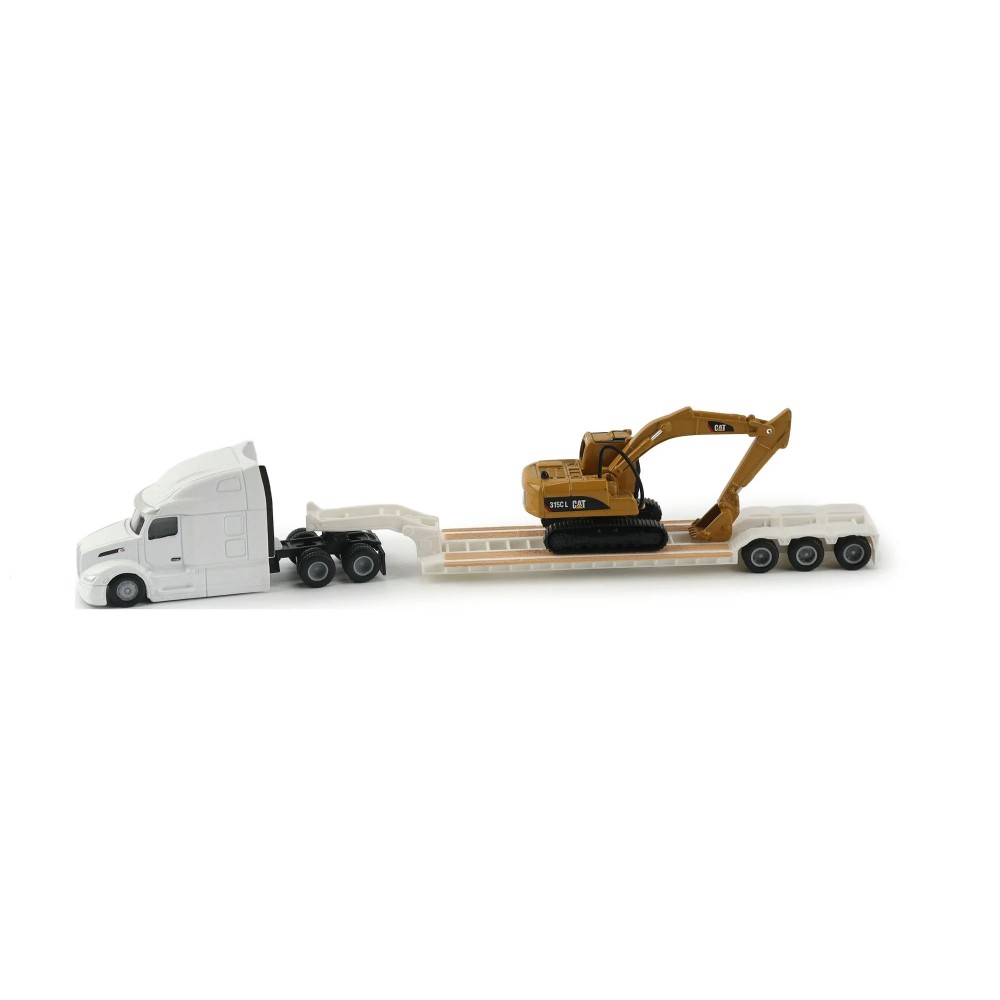 Diecast Masters 84423 - White Peterbuilt 579 Tractor With Lowboy Trailer and Cat 315C Excavator - Scale 1:87
