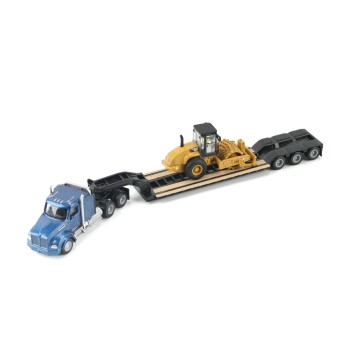 Diecast Masters 84424 - Blue Kenworth T880 Tractor with Lowboy Trailer and Cat Padfoot Roller - Scale 1:87