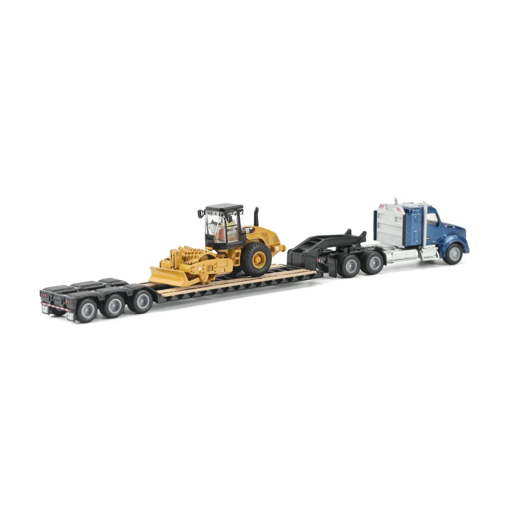 Diecast Masters 84424 - Blue Kenworth T880 Tractor with Lowboy Trailer and Cat Padfoot Roller - Scale 1:87