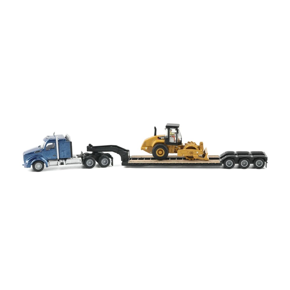 Diecast Masters 84424 - Blue Kenworth T880 Tractor with Lowboy Trailer and Cat Padfoot Roller - Scale 1:87