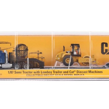Diecast Masters 84424 - Blue Kenworth T880 Tractor with Lowboy Trailer and Cat Padfoot Roller - Scale 1:87