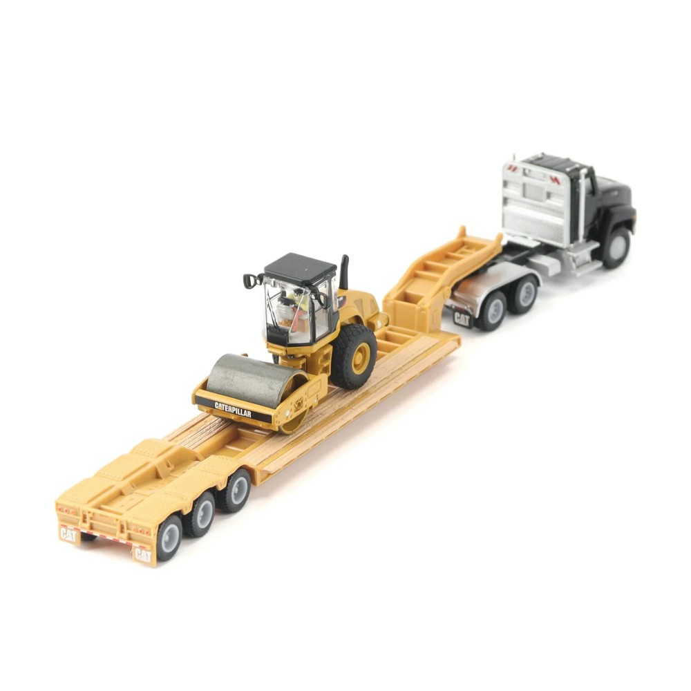 Diecast Masters 84425 - Black Kenworth T880 Tractor with Lowboy Trailer and Cat Roller - Scale 1:87