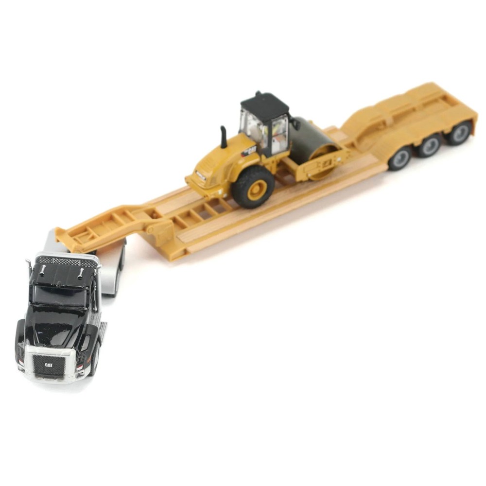 Diecast Masters 84425 - Black Kenworth T880 Tractor with Lowboy Trailer and Cat Roller - Scale 1:87