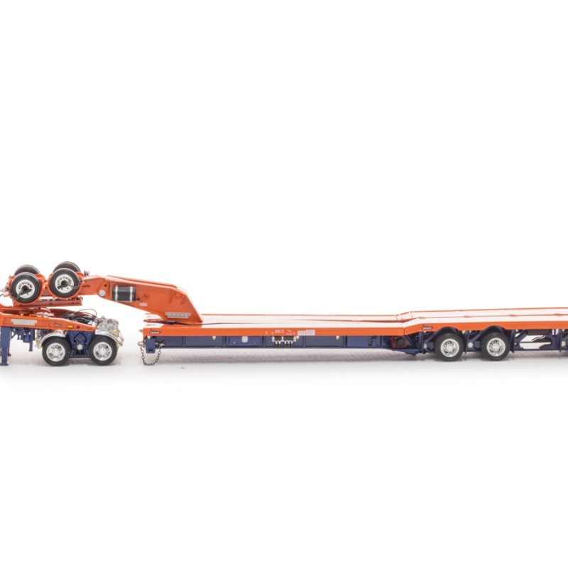 Drake ZT09341 Drake 4x8 Swingwing Gooseneck Drop Deck Trailer and 2x8 Dolly Drake Orange Blue - Scale 1:50