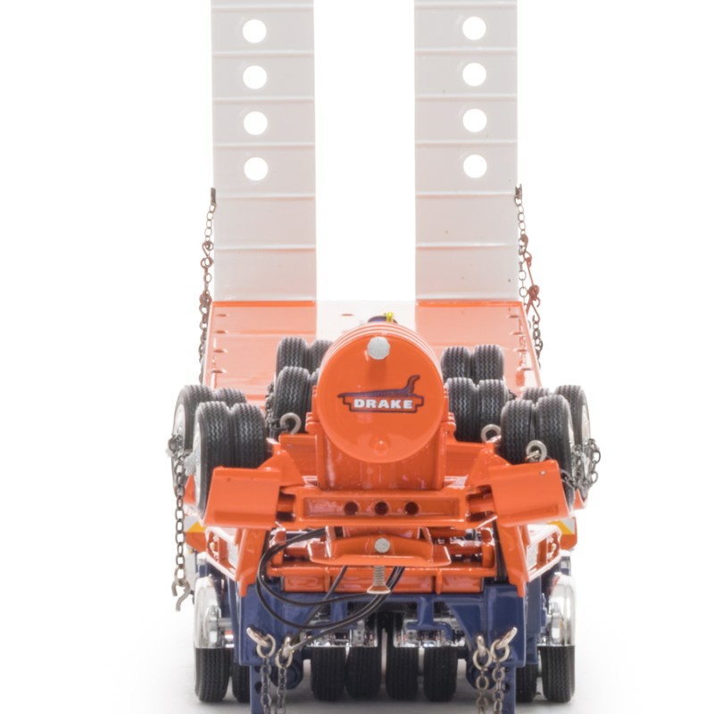 Drake ZT09341 Drake 4x8 Swingwing Gooseneck Drop Deck Trailer and 2x8 Dolly Drake Orange Blue - Scale 1:50