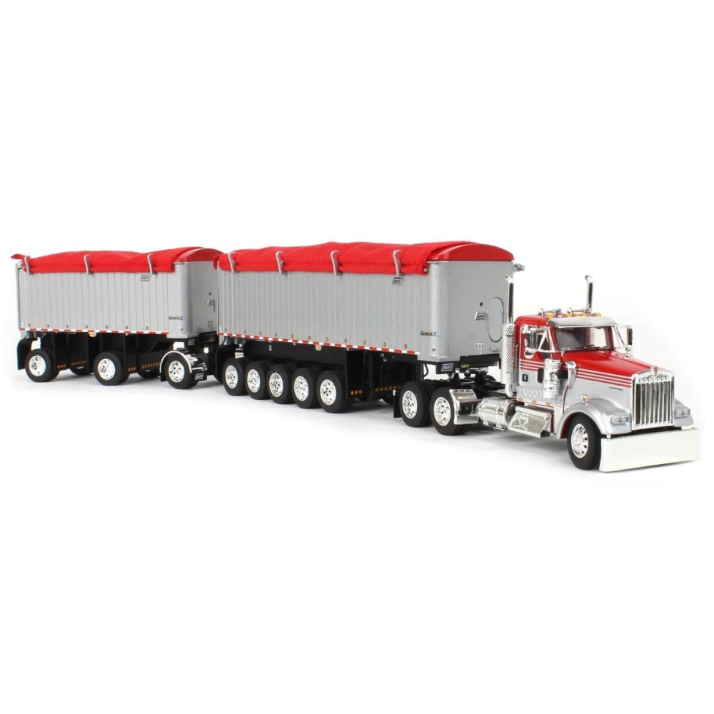 First Gear 60-1632 Viper Red / White Kenworth W900L Day Cab & East Series 31' and 20' End Dump Trailers Scale 1:64