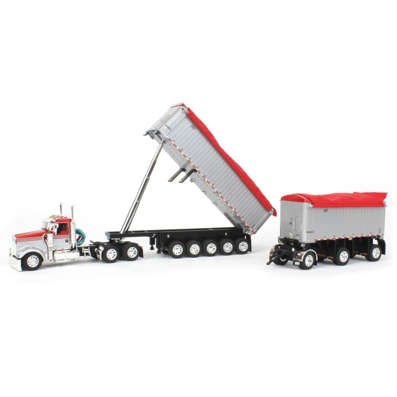 First Gear 60-1632 Viper Red / White Kenworth W900L Day Cab & East Series 31' and 20' End Dump Trailers Scale 1:64