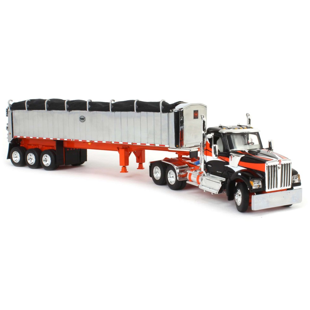 First Gear 60-2008 Kenworth W990 Truck Chrome MAC Coal End Dump Trailer Black / Orange - Scale 1:64