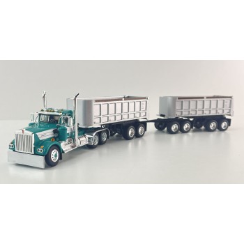 First Gear DCP 60-2291 Kenworth W900A Day Cab truck with 22ft Dual End Dump Trailers & Dolly Turquoise White - Scale 1:64