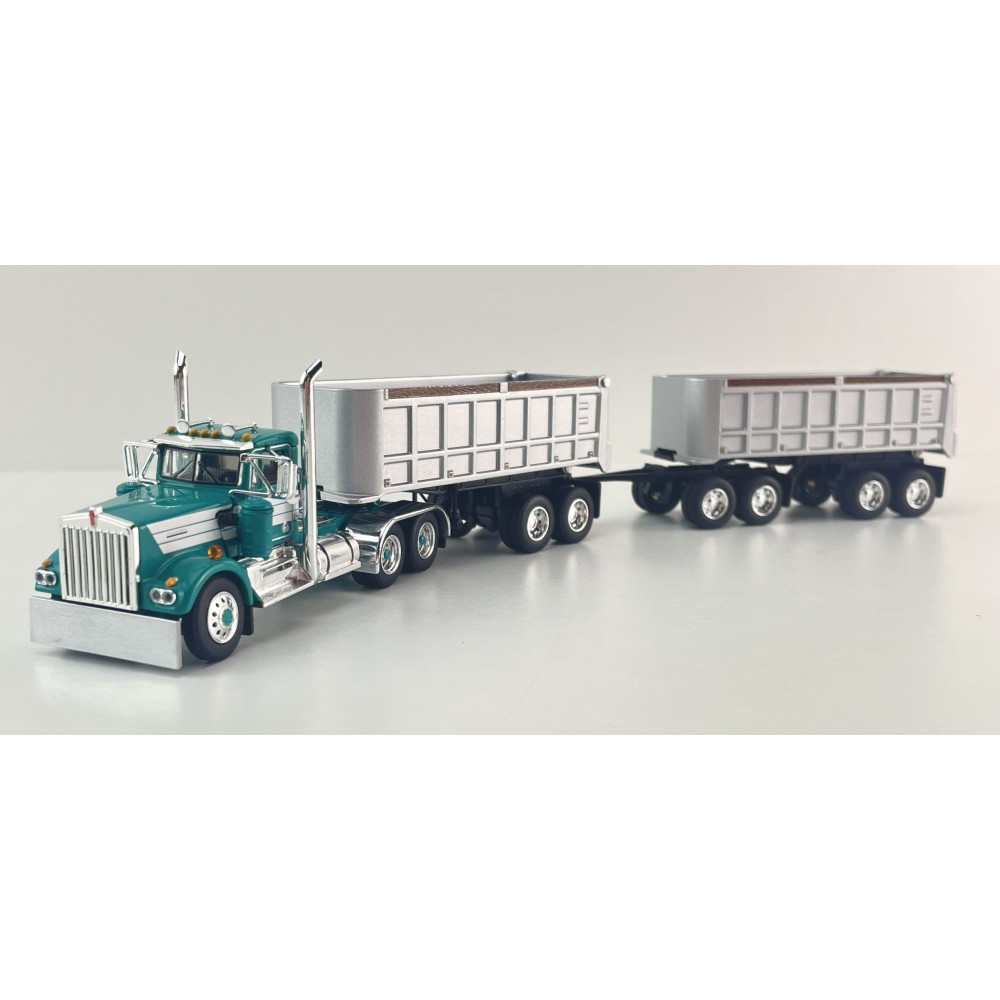 First Gear DCP 60-2291 Kenworth W900A Day Cab truck with 22ft Dual End Dump Trailers & Dolly Turquoise White - Scale 1:64