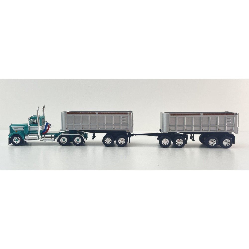 First Gear DCP 60-2291 Kenworth W900A Day Cab truck with 22ft Dual End Dump Trailers & Dolly Turquoise White - Scale 1:64