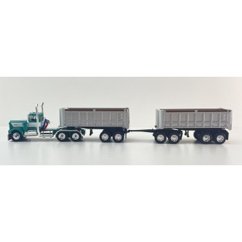 First Gear DCP 60-2291 Kenworth W900A Day Cab truck with 22ft Dual End Dump Trailers & Dolly Turquoise White - Scale 1:64