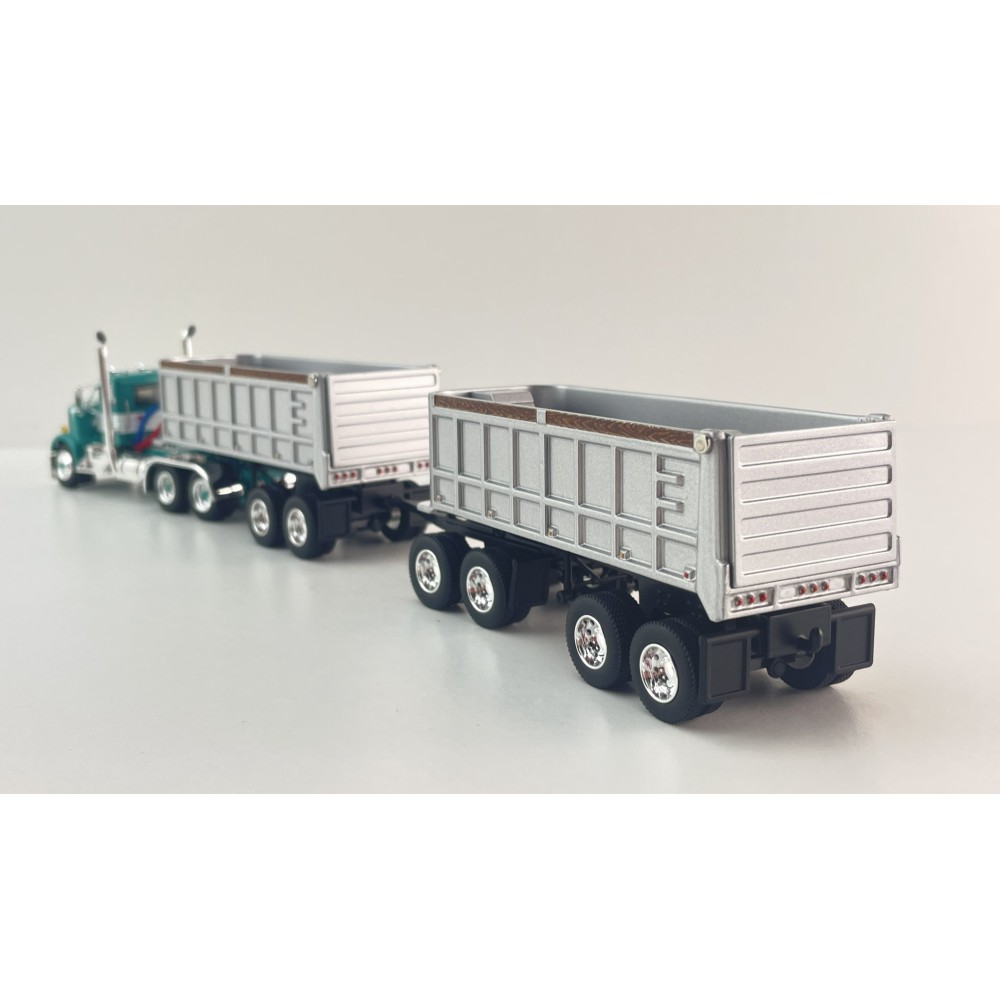 First Gear DCP 60-2291 Kenworth W900A Day Cab truck with 22ft Dual End Dump Trailers & Dolly Turquoise White - Scale 1:64