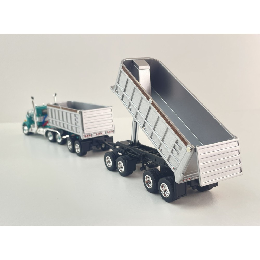 First Gear DCP 60-2291 Kenworth W900A Day Cab truck with 22ft Dual End Dump Trailers & Dolly Turquoise White - Scale 1:64