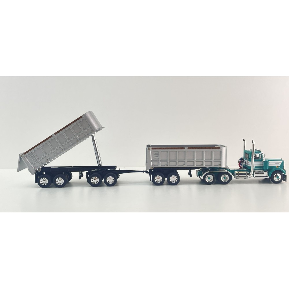 First Gear DCP 60-2291 Kenworth W900A Day Cab truck with 22ft Dual End Dump Trailers & Dolly Turquoise White - Scale 1:64