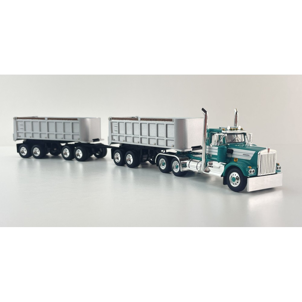 First Gear DCP 60-2291 Kenworth W900A Day Cab truck with 22ft Dual End Dump Trailers & Dolly Turquoise White - Scale 1:64
