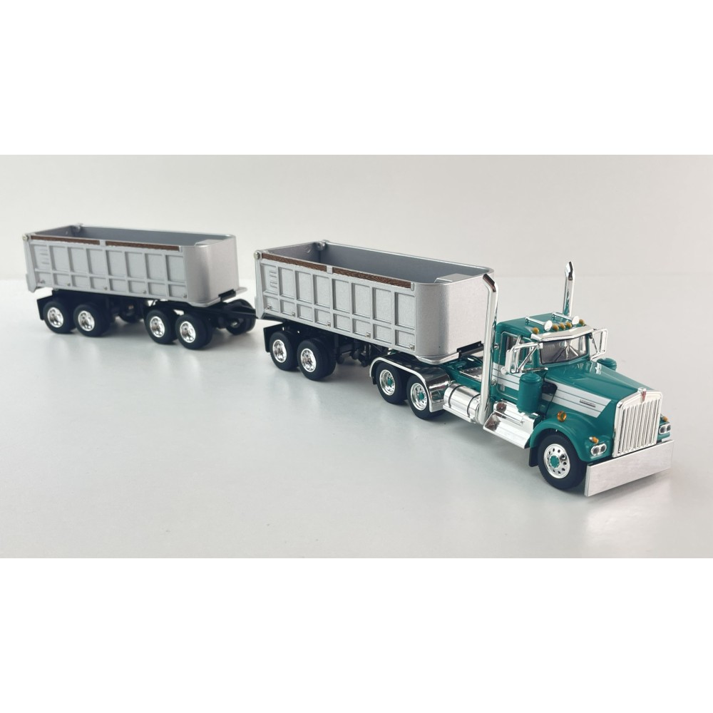 First Gear DCP 60-2291 Kenworth W900A Day Cab truck with 22ft Dual End Dump Trailers & Dolly Turquoise White - Scale 1:64