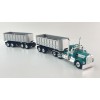 First Gear DCP 60-2291 Kenworth W900A Day Cab truck with 22ft Dual End Dump Trailers & Dolly Turquoise White - Scale 1:64